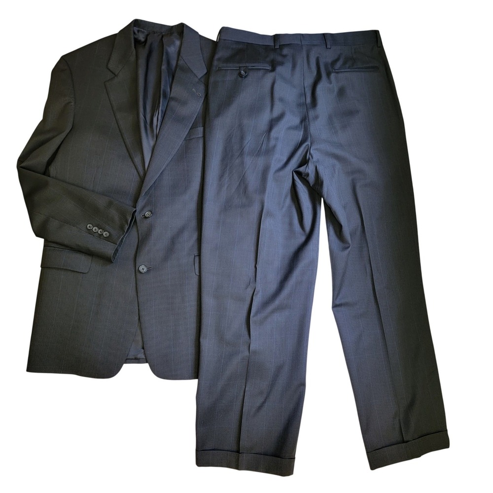 VTG Hart Schaffner Marx Nordstrom Mens 44L Suit Set Charcoal Blue Plaid USA Made